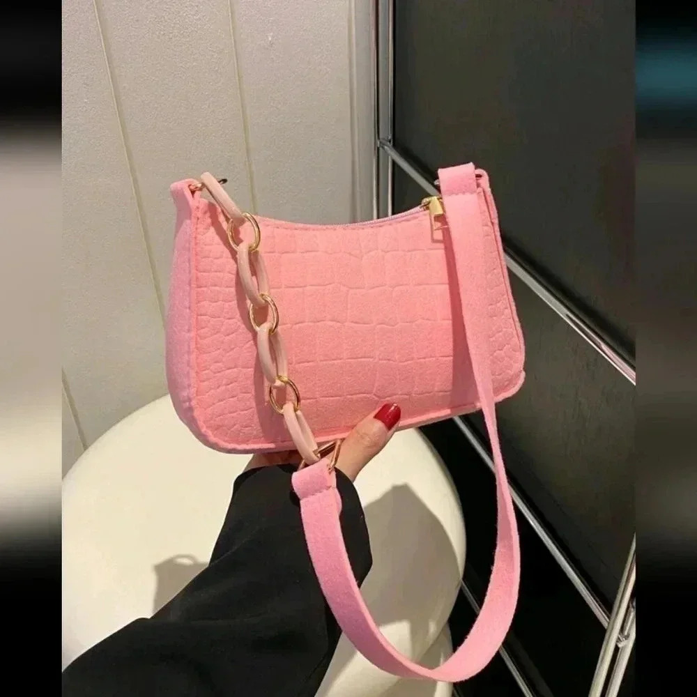 Chain clutch handbag purse satchel women girls pink crocodile print faux leather